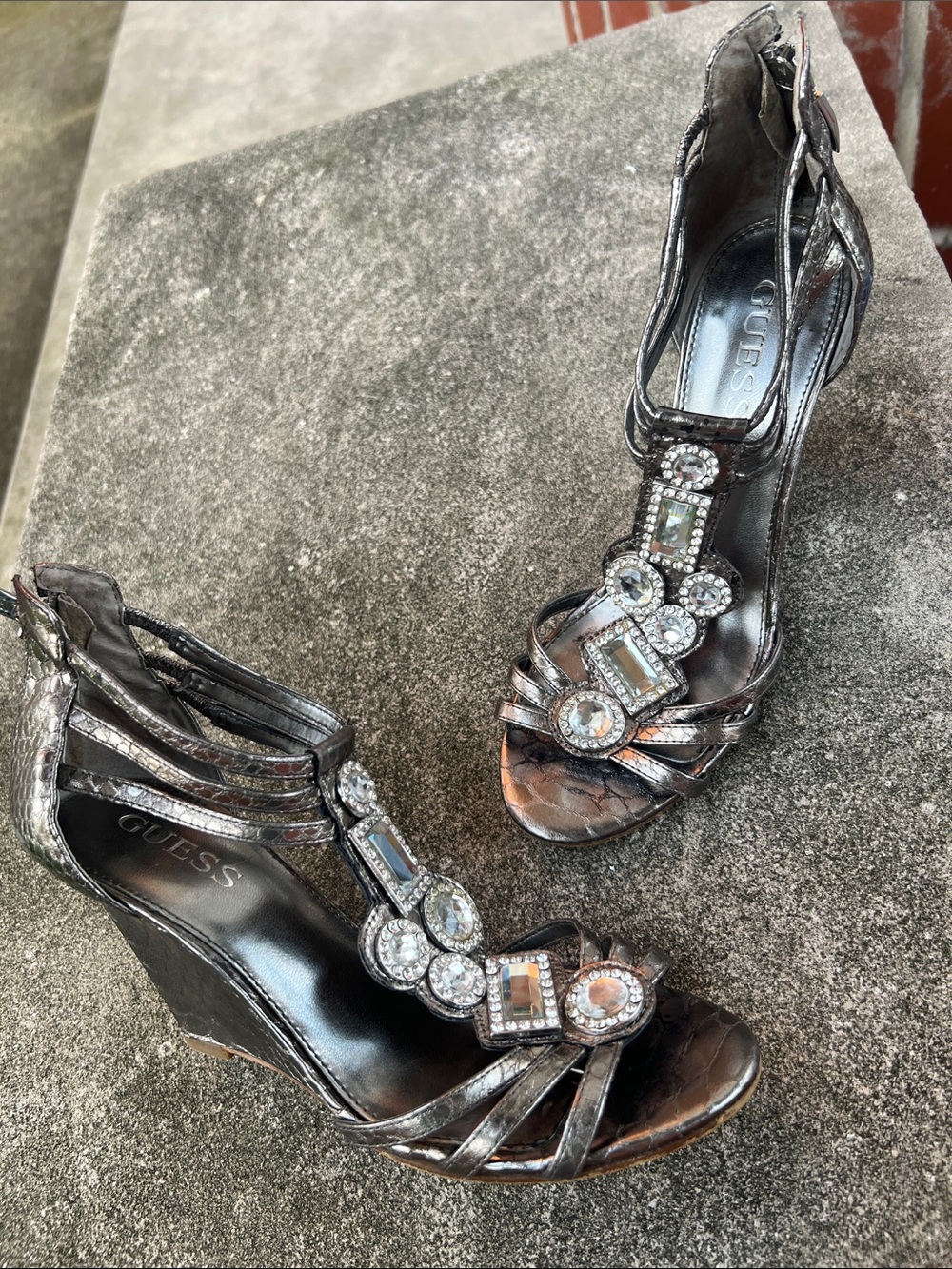GUESS Metallic Silver Crystal-Embellished Wedge Sandals
